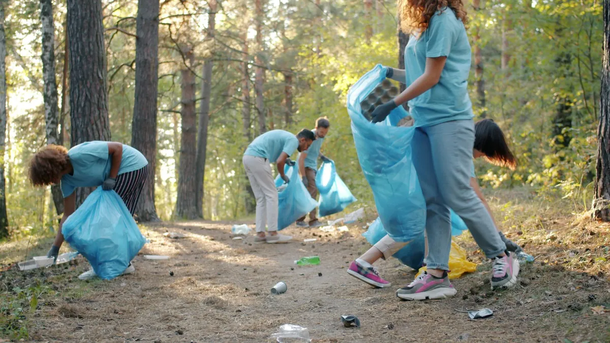 Volunteers cleaning up litter on a forest path