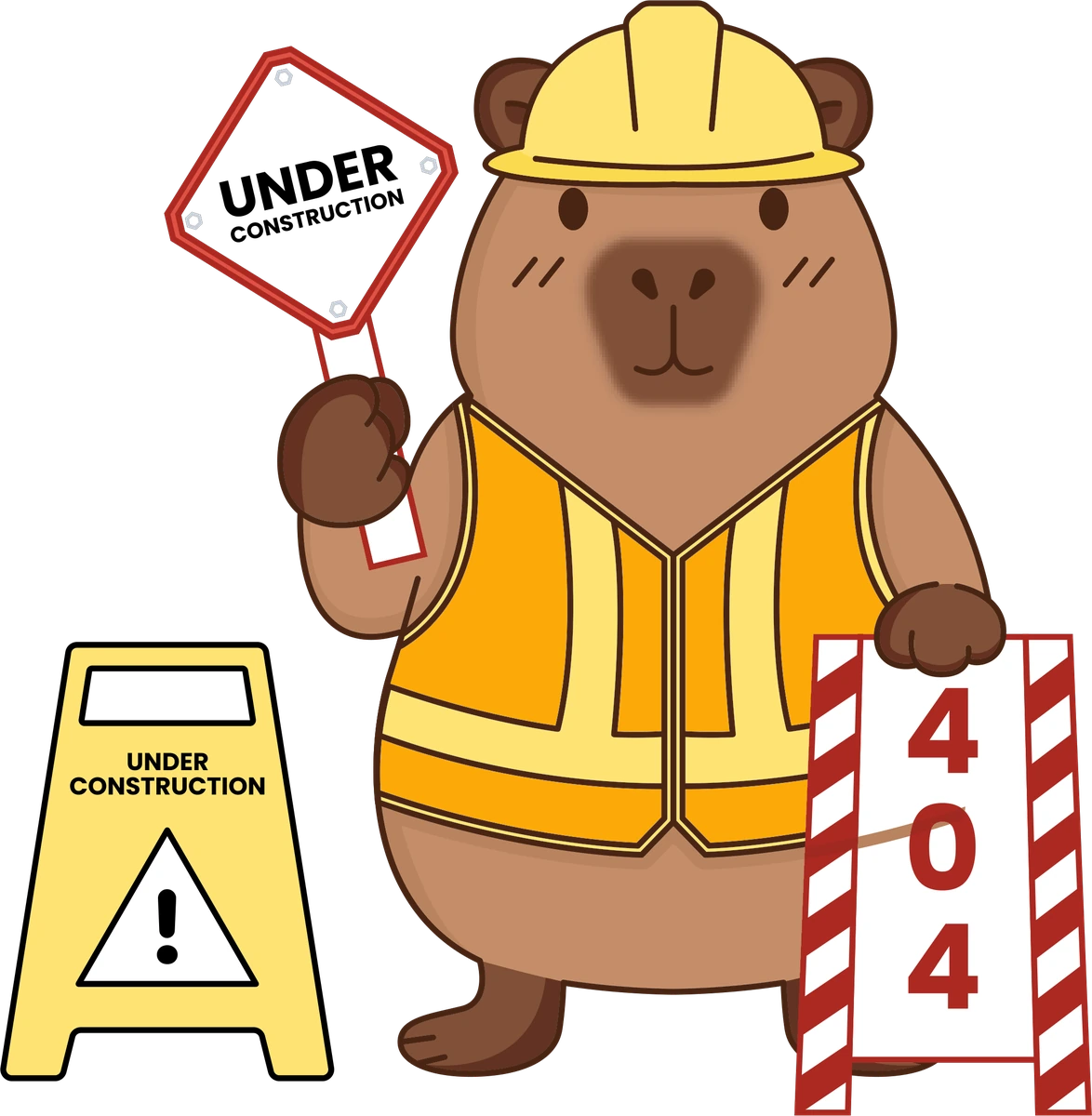 Maky in a hard hat holding a 404 sign